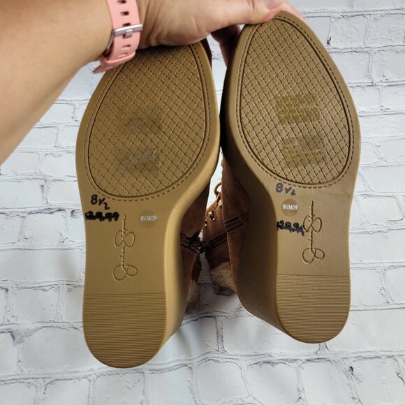 NEW Jessica Simpson Maelyn Wedge Bootie Brown Caramel Combo Leather Suede Sherpa - Picture 11 of 11